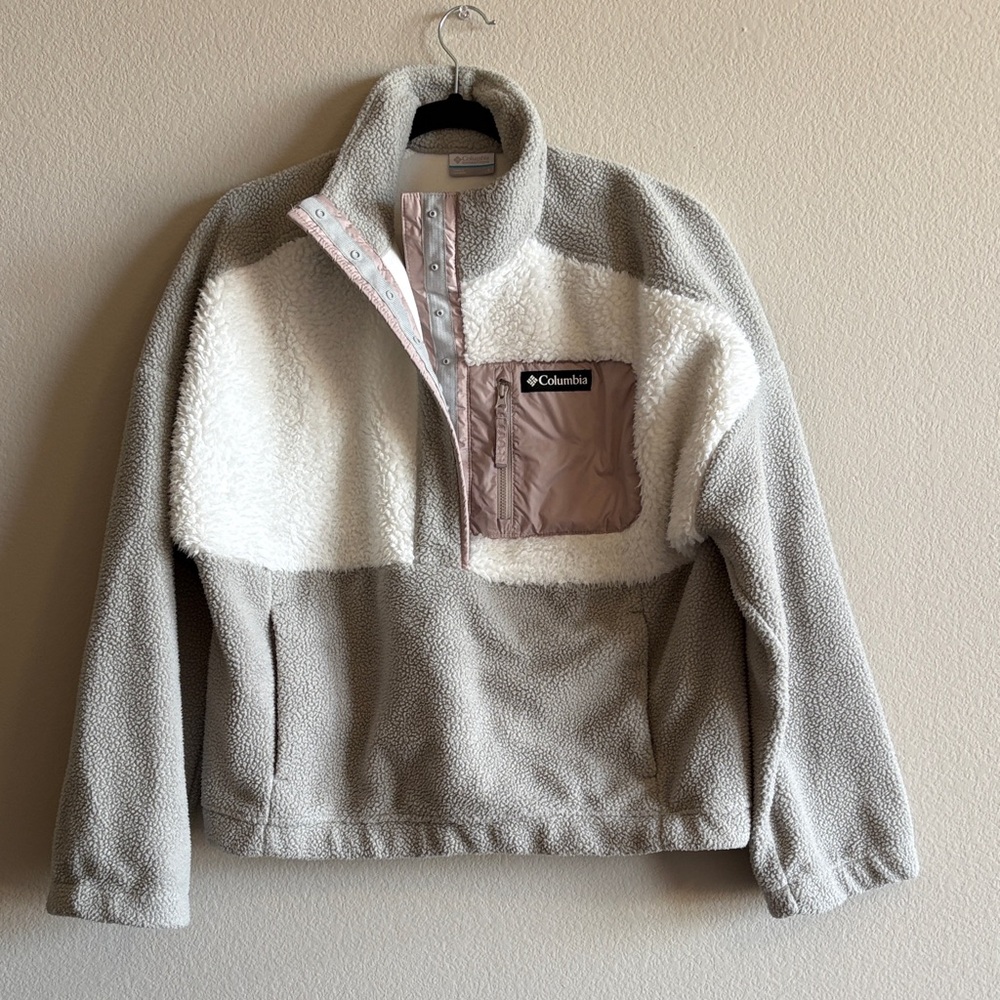 Columbia Lodge™ Sherpa Half Snap Fleece Pullover Gray/White Pockets Size L - Picture 2 of 9
